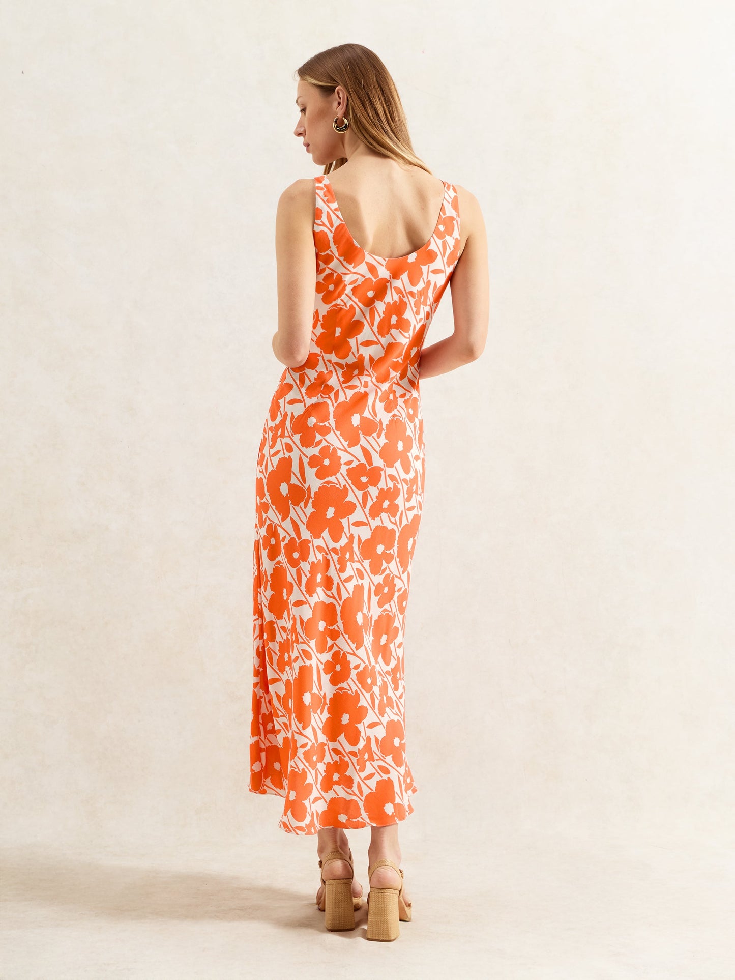 Orange Poppy-Print Scoop-Neck Midi Dress