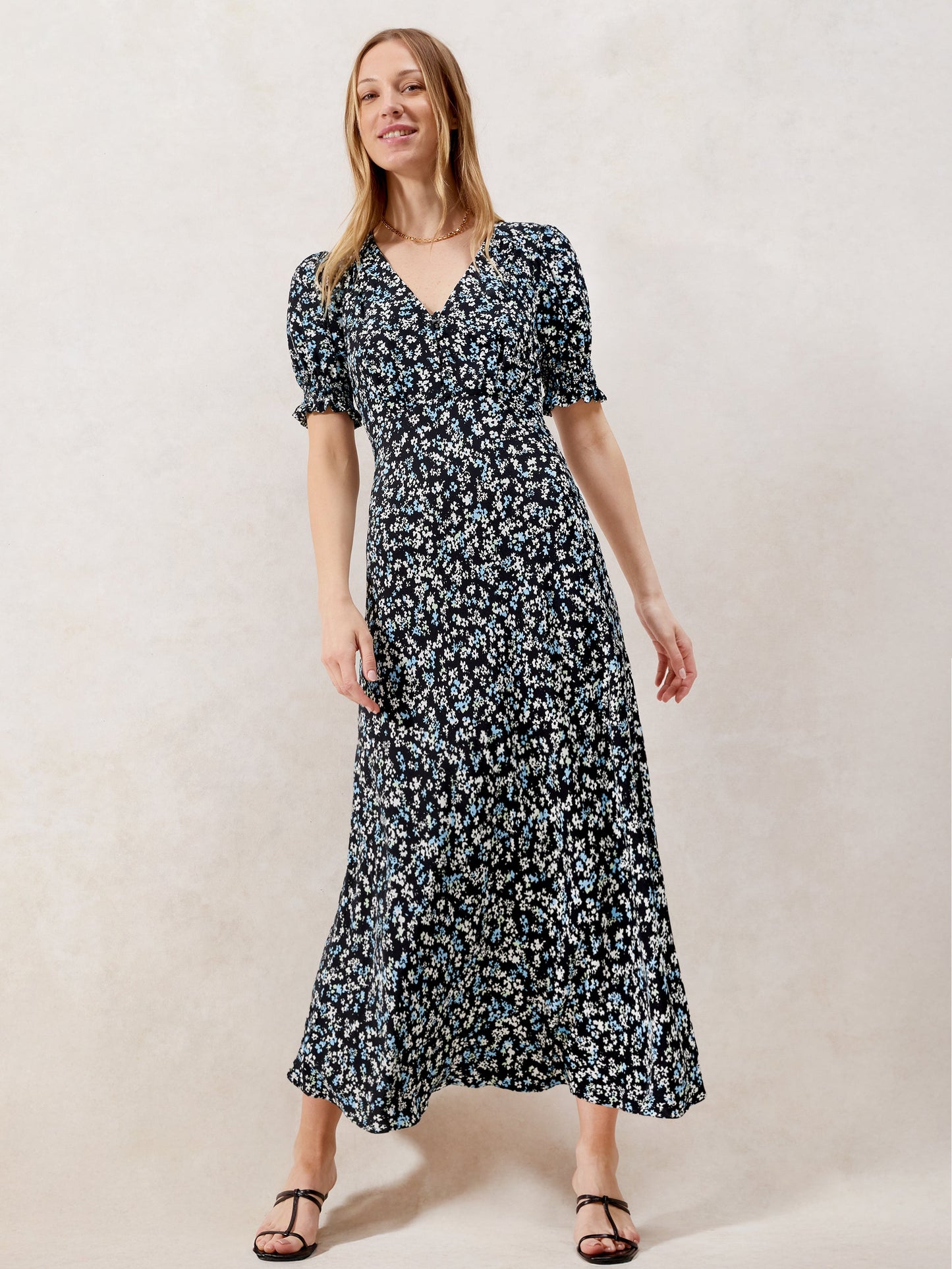 Petite Blue Ditsy Print Shirred Cuff Midi Dress