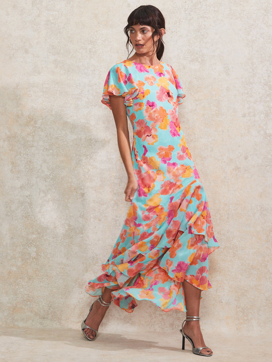 Hazel Blue And Pink Floral-Print Frill-Sleeve Dress